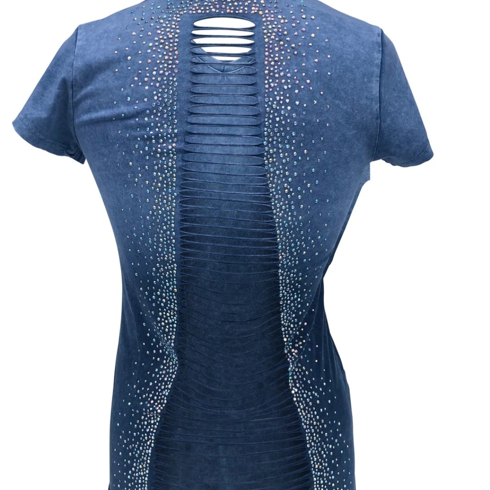 Women's Blue Open Back Embellished Top